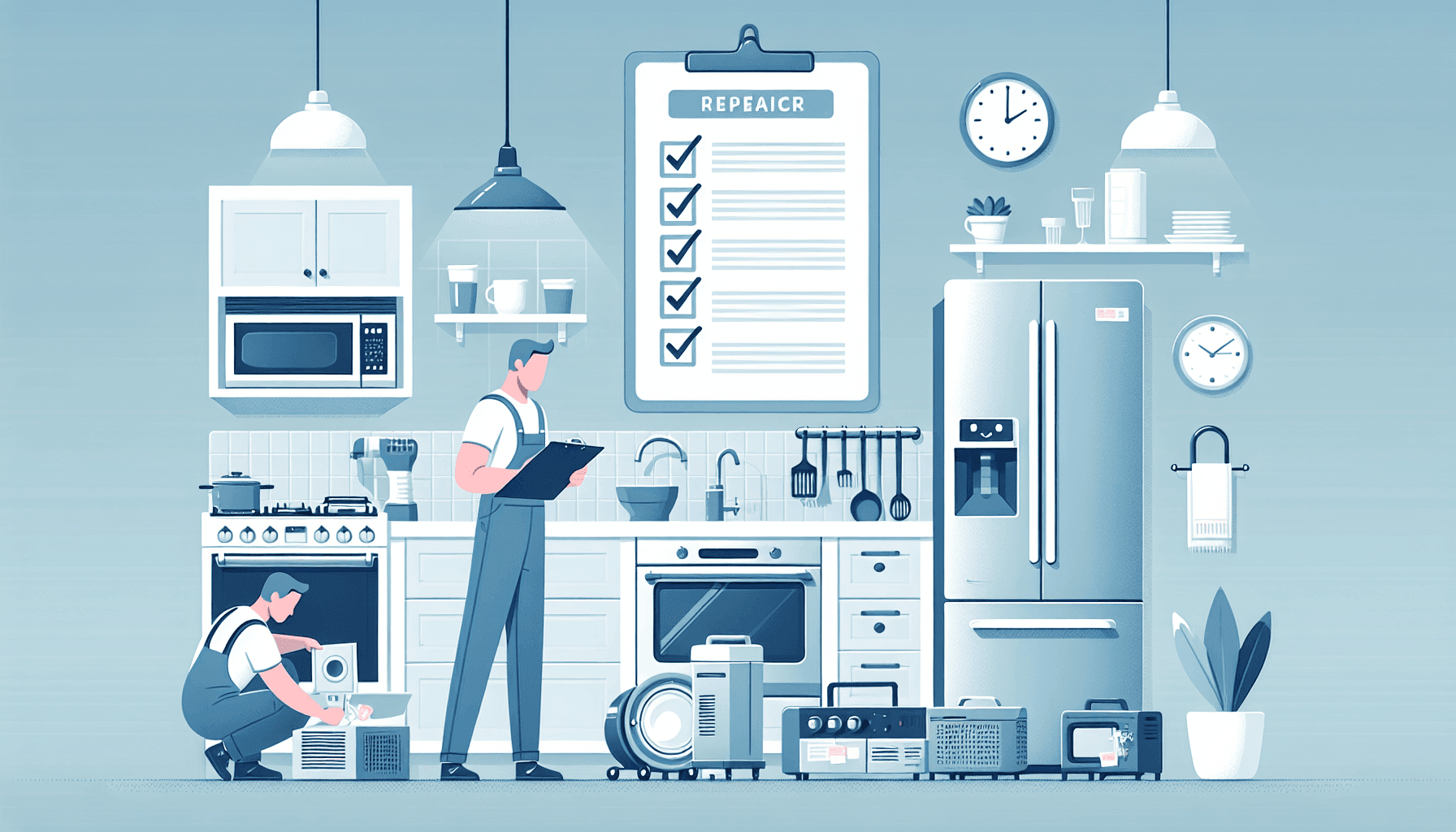 Illustration of various kitchen appliances with checklist